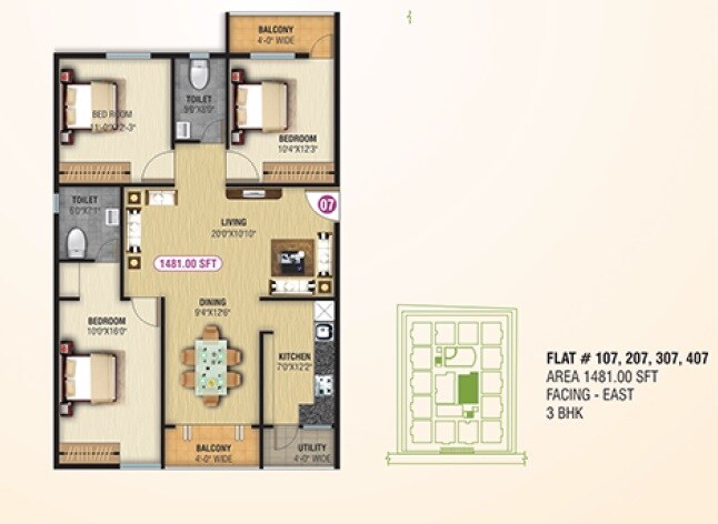 Floor plan of 3 BHK 1481 Sq. Ft. Apartment in NCN Srivari, Bangalore