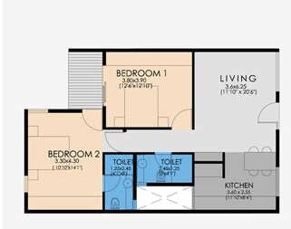 Floor plan of 2 BHK 1181 Sq. Ft. Apartment in Ncorp Residences Skywalk, Bangalore