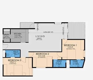 Floor plan of 3 BHK 1887 Sq. Ft. Apartment in Ncorp Residences Skywalk, Bangalore