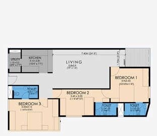Floor plan of 3 BHK 2129 Sq. Ft. Apartment in Ncorp Residences Skywalk, Bangalore