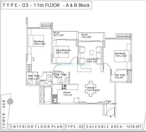 Floor plan of 3 BHK 1576 Sq. Ft. Apartment in N D Passion, Bangalore
