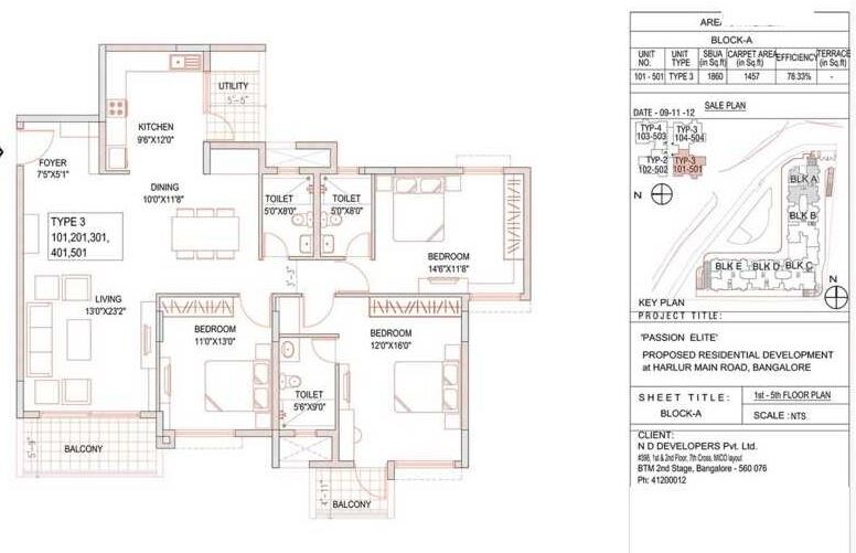 Floor plan of 3 BHK 1860 Sq. Ft. Apartment in ND Passion Elite, Bangalore