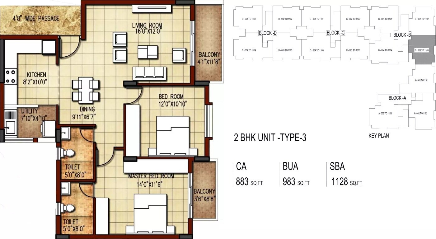 Floor plan of 2 BHK 1128 Sq. Ft. Apartment in ND Pentos, Bangalore