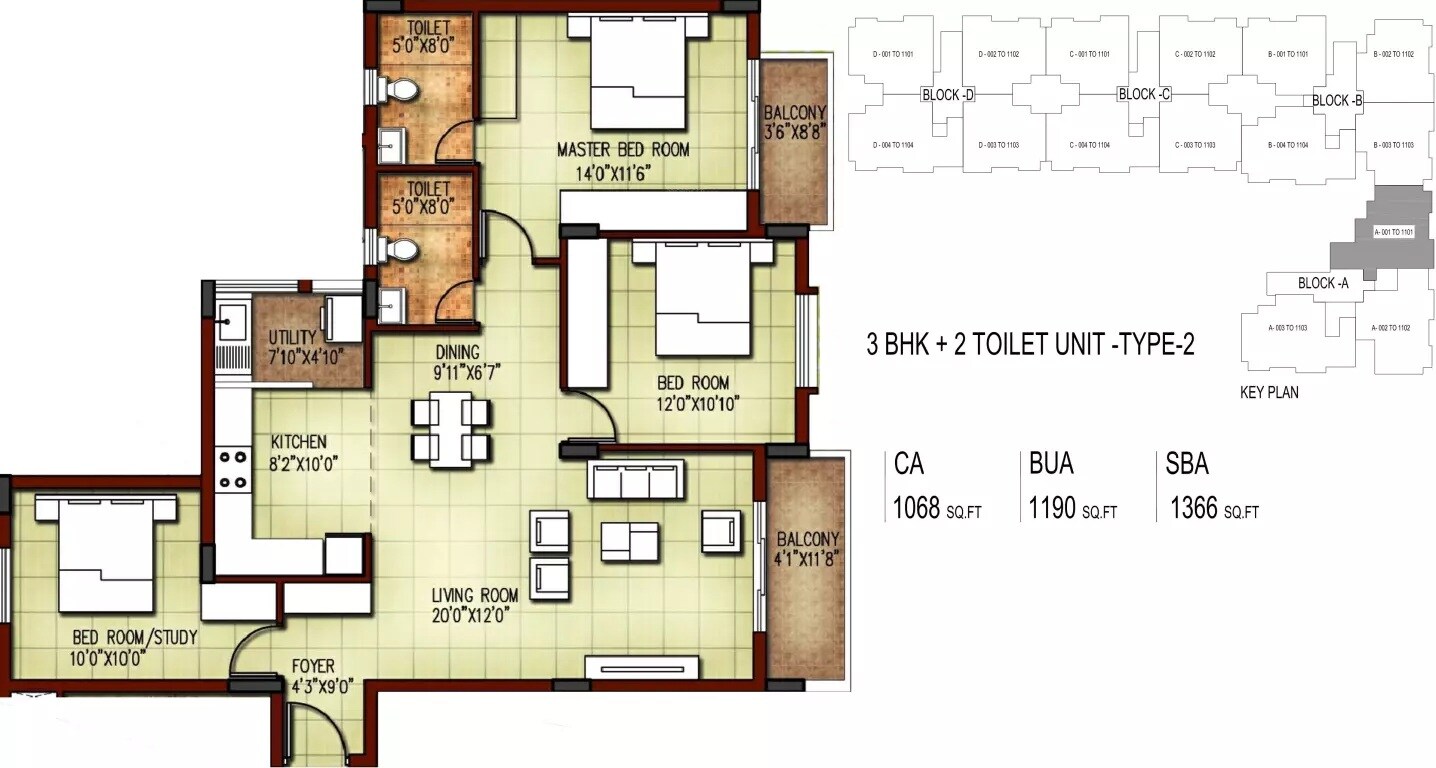 Floor plan of 3 BHK 1366 Sq. Ft. Apartment in ND Pentos, Bangalore