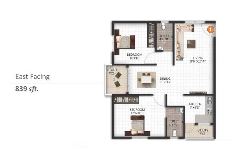 Floor plan of 2 BHK 839 Sq. Ft. Apartment in ND Ventures Magnolia, Bangalore