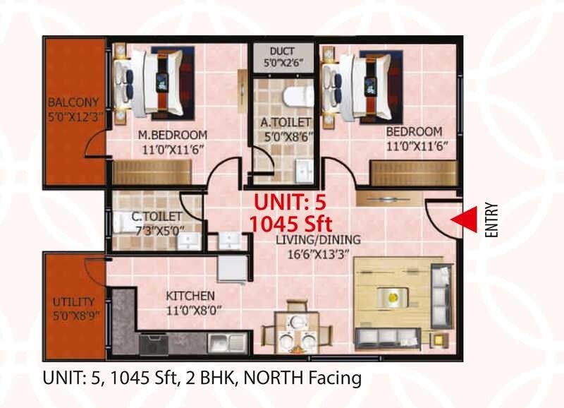 Floor plan of 2 BHK 1045 Sq. Ft. Apartment in Neeladri Kota Hills, Bangalore