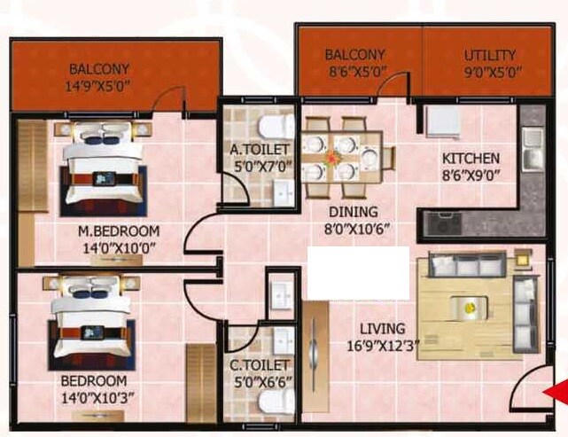 Floor plan of 2 BHK 1355 Sq. Ft. Apartment in Neeladri Kota Hills, Bangalore