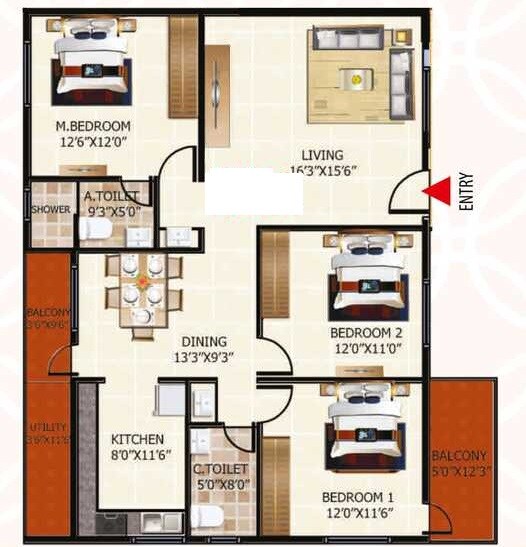 Floor plan of 3 BHK 1445 Sq. Ft. Apartment in Neeladri Kota Hills, Bangalore