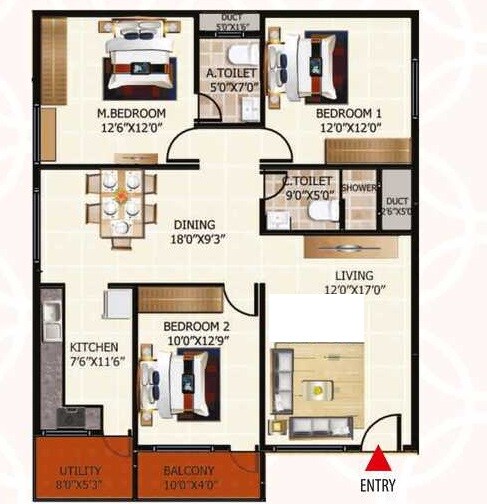 Floor plan of 3 BHK 1685 Sq. Ft. Apartment in Neeladri Kota Hills, Bangalore