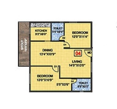 Floor plan of 2 BHK 1000 Sq. Ft. Apartment in Neeraja Sarovar, Bangalore