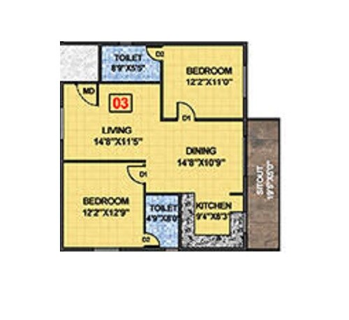 Floor plan of 2 BHK 1266 Sq. Ft. Apartment in Neeraja Sarovar, Bangalore