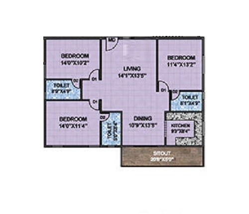 Floor plan of 3 BHK 1294 Sq. Ft. Apartment in Neeraja Sarovar, Bangalore