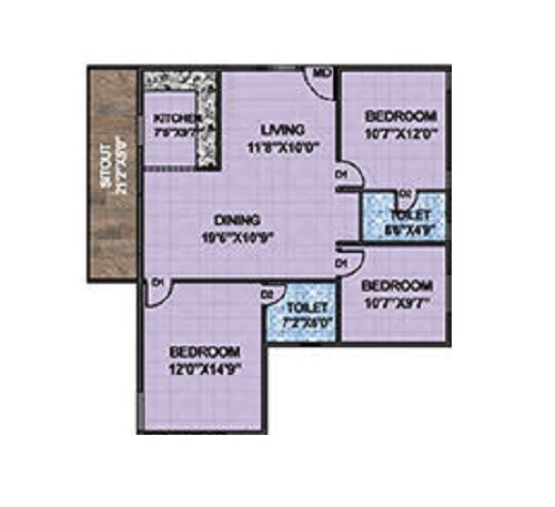 Floor plan of 3 BHK 1760 Sq. Ft. Apartment in Neeraja Sarovar, Bangalore