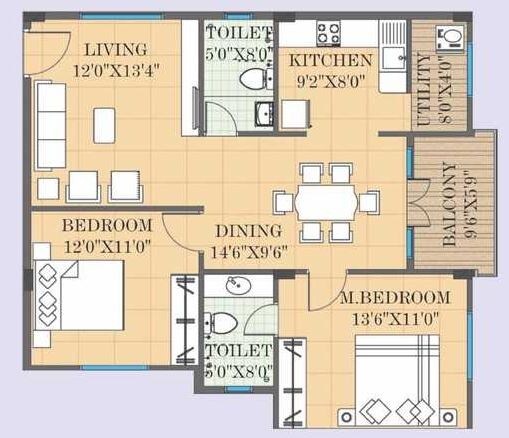 Floor plan of 2 BHK 1275 Sq. Ft. Apartment in Neev Stone Oaks, Bangalore