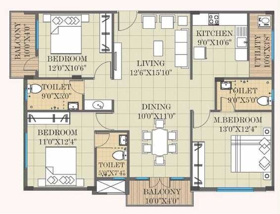 Floor plan of 3 BHK 1510 Sq. Ft. Apartment in Neev Stone Oaks, Bangalore