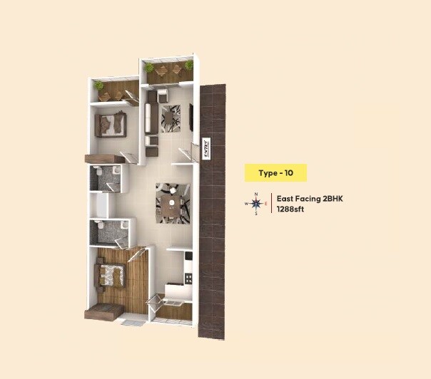 Floor plan of 2 BHK 1288 Sq. Ft. Apartment in Neighbourhood Elite, Bangalore