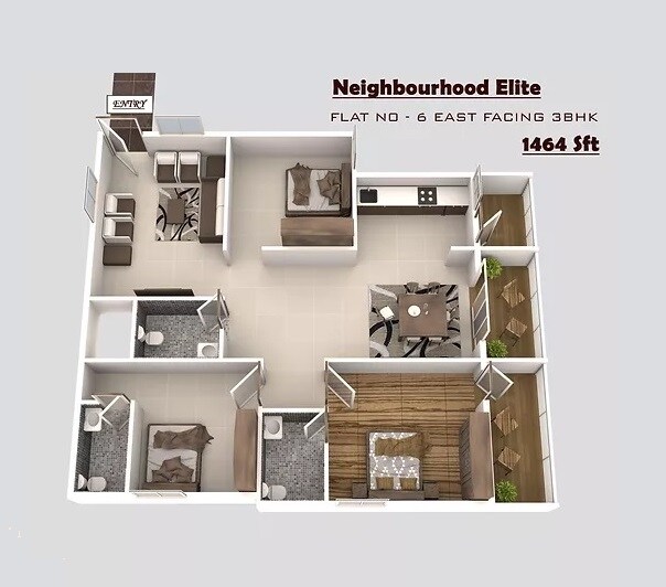 Floor plan of 3 BHK 1464 Sq. Ft. Apartment in Neighbourhood Elite, Bangalore