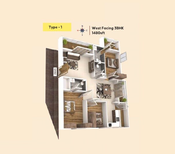 Floor plan of 3 BHK 1480 Sq. Ft. Apartment in Neighbourhood Elite, Bangalore