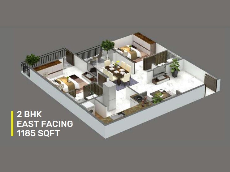 Floor plan of 2 BHK 1185 Sq. Ft. Apartment in Neravaati Mithila Splendor, Bangalore