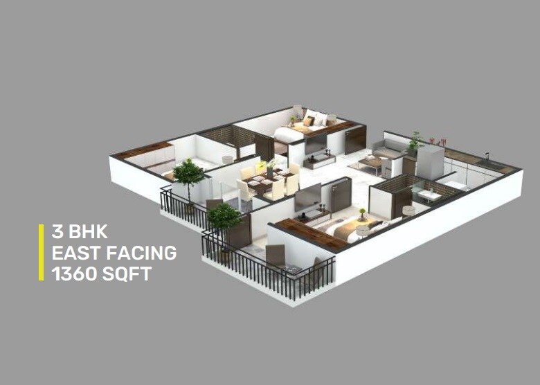 Floor plan of 3 BHK 1360 Sq. Ft. Apartment in Neravaati Mithila Splendor, Bangalore