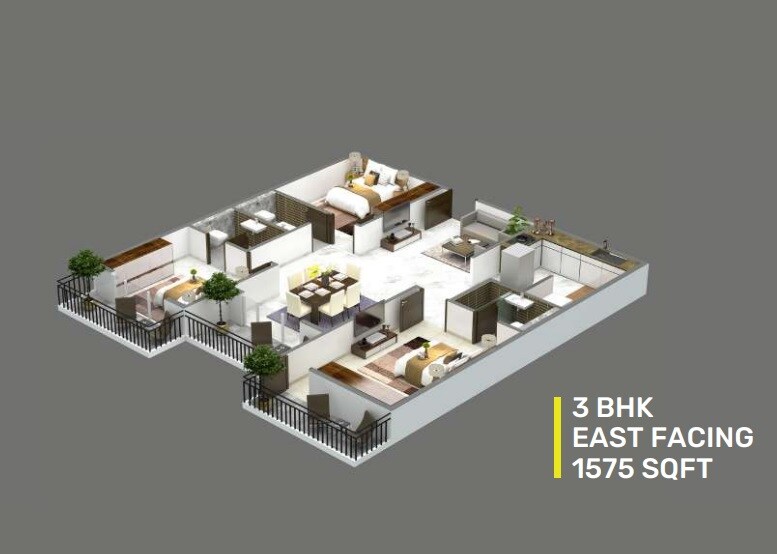 Floor plan of 3 BHK 1575 Sq. Ft. Apartment in Neravaati Mithila Splendor, Bangalore