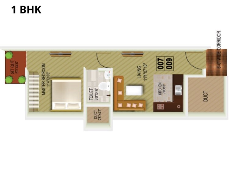 Floor plan of 1 BHK 477 Sq. Ft. Apartment in New Dimensions Fifth Element, Bangalore