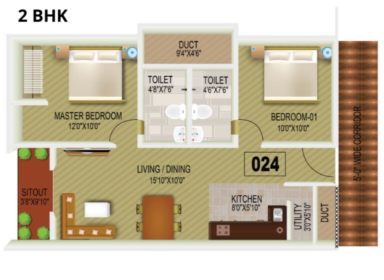 Floor plan of 2 BHK 850 Sq. Ft. Apartment in New Dimensions Fifth Element, Bangalore