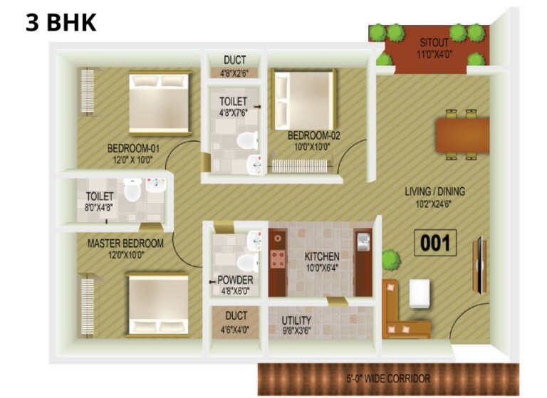 Floor plan of 3 BHK 1230 Sq. Ft. Apartment in New Dimensions Fifth Element, Bangalore