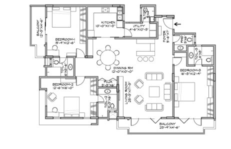 Floor plan of 3 BHK 2150 Sq. Ft. Apartment in New Dimensions Glendale, Bangalore