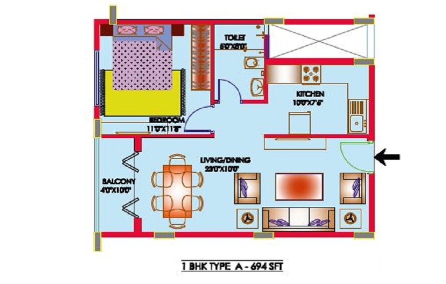 Floor plan of 1 BHK 694 Sq. Ft. Apartment in New India Tanzanite, Bangalore