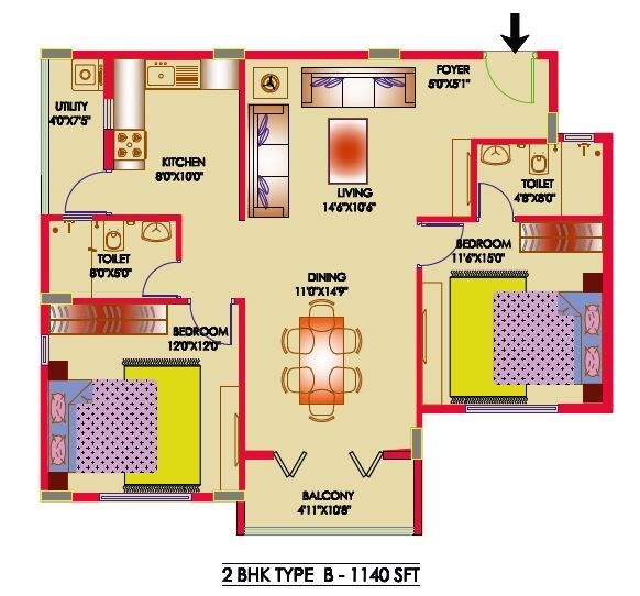 Floor plan of 2 BHK 1140 Sq. Ft. Apartment in New India Tanzanite, Bangalore