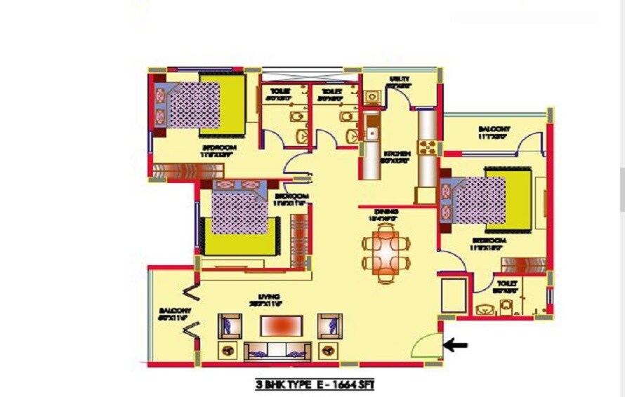 Floor plan of 3 BHK 1664 Sq. Ft. Apartment in New India Tanzanite, Bangalore