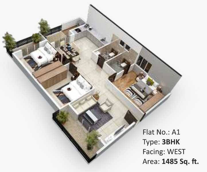 Floor plan of 3 BHK 1485 Sq. Ft. Apartment in Nexsa Acuity, Bangalore