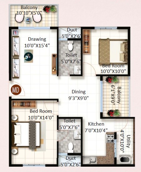 Floor plan of 2 BHK 1150 Sq. Ft. Apartment in Nikhar Aventino, Bangalore