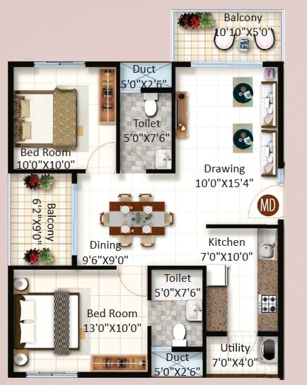 Floor plan of 2 BHK 970 Sq. Ft. Apartment in Nikhar Aventino, Bangalore