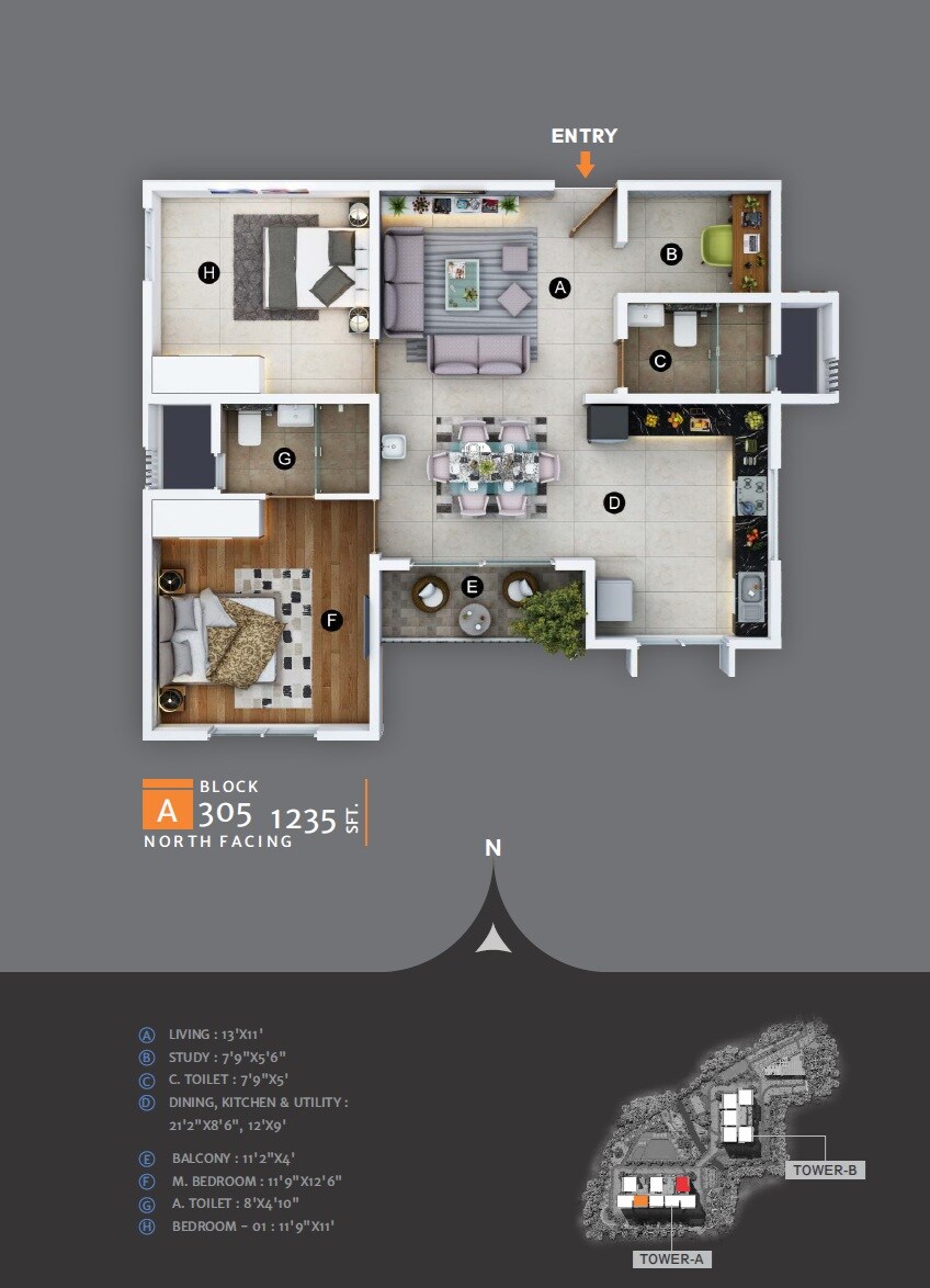 Floor plan of 2 BHK 1235 Sq. Ft. Apartment in Nikhar Celio, Bangalore