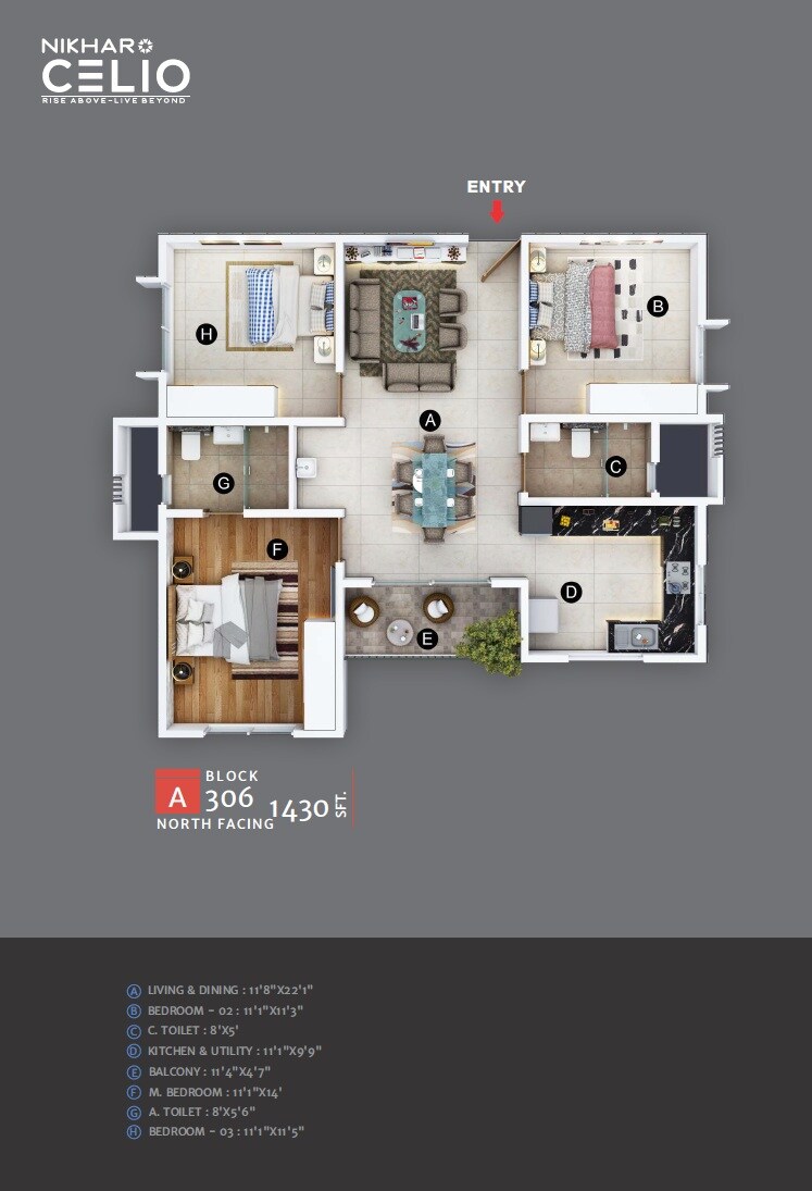 Floor plan of 3 BHK 1430 Sq. Ft. Apartment in Nikhar Celio, Bangalore