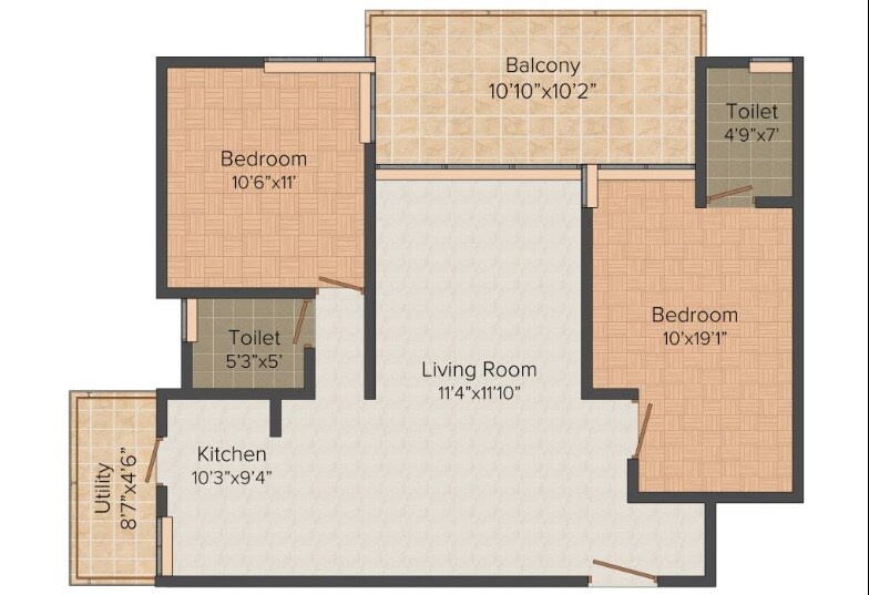 Floor plan of 2 BHK 1210 Sq. Ft. Apartment in Niranjan Tridha, Bangalore