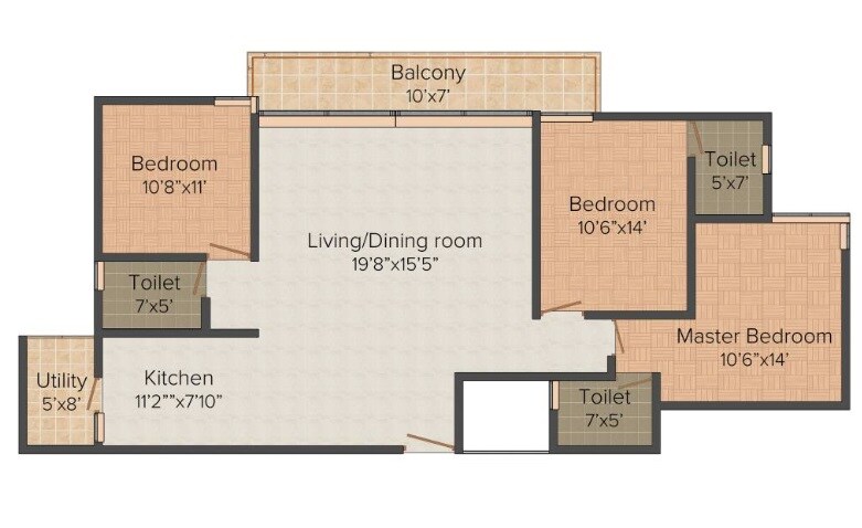 Floor plan of 3 BHK 1623 Sq. Ft. Apartment in Niranjan Tridha, Bangalore