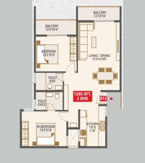 Floor plan of 2 BHK 1280 Sq. Ft. Apartment in Nirmaanika Advaita, Bangalore