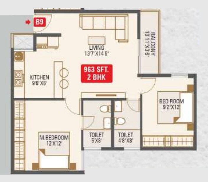 Floor plan of 2 BHK 963 Sq. Ft. Apartment in Nirmaanika Advaita, Bangalore
