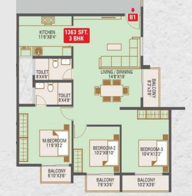 Floor plan of 3 BHK 1363 Sq. Ft. Apartment in Nirmaanika Advaita, Bangalore