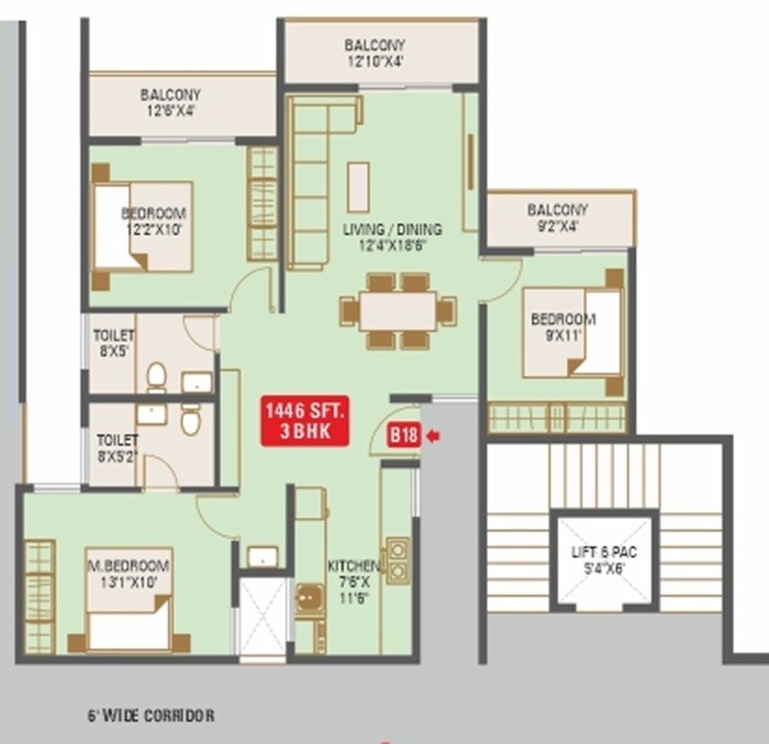 Floor plan of 3 BHK 1446 Sq. Ft. Apartment in Nirmaanika Advaita, Bangalore