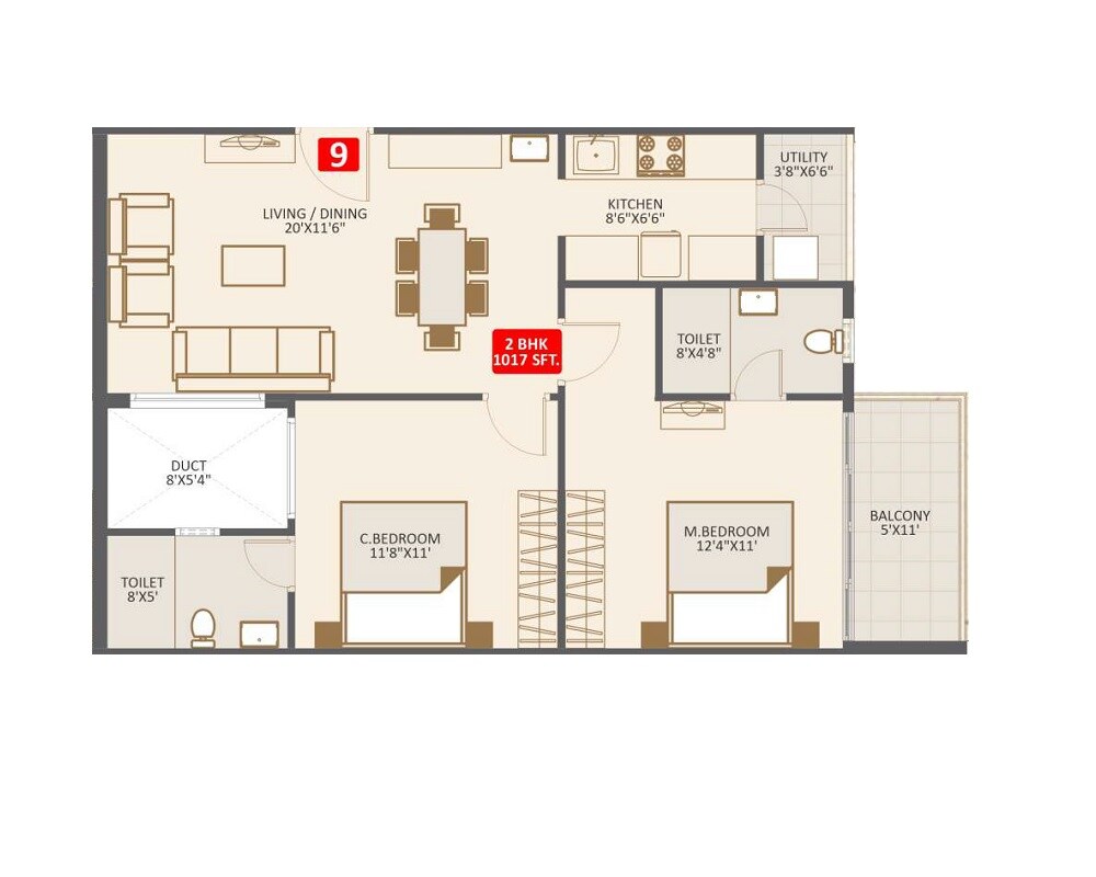 Floor plan of 2 BHK 1017 Sq. Ft. Apartment in Nirmaanika Aria, Bangalore
