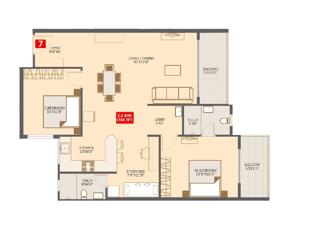 Floor plan of 2 BHK 1366 Sq. Ft. Apartment in Nirmaanika Aria, Bangalore