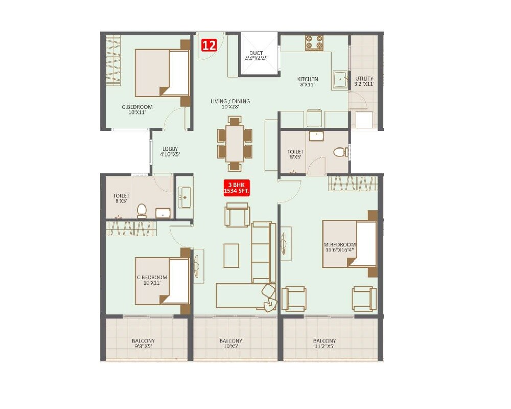 Floor plan of 3 BHK 1534 Sq. Ft. Apartment in Nirmaanika Aria, Bangalore