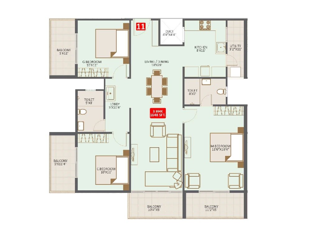 Floor plan of 3 BHK 1648 Sq. Ft. Apartment in Nirmaanika Aria, Bangalore