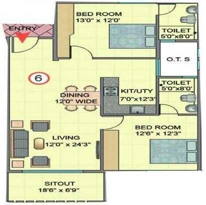 Floor plan of 2 BHK 1103 Sq. Ft. Apartment in Nishant Prime, Bangalore