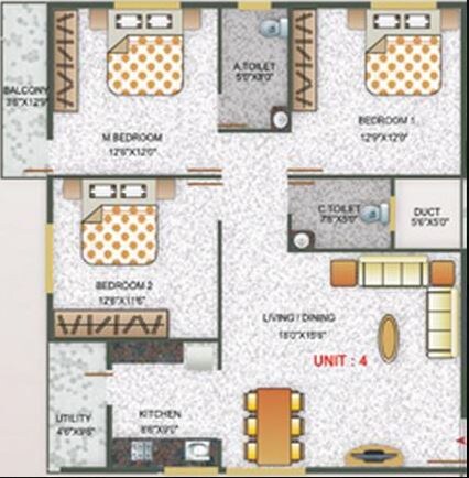 Floor plan of 3 BHK 1365 Sq. Ft. Apartment in Nishitas Sumo, Bangalore