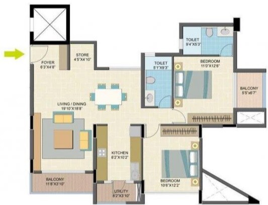 Floor plan of 2 BHK 1507 Sq. Ft. Apartment in Nitesh Caesars Palace, Bangalore
